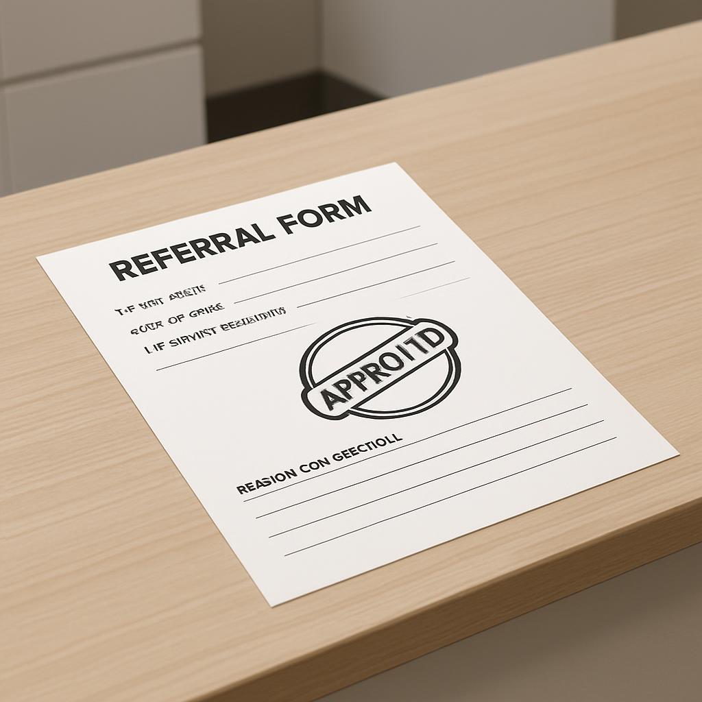 Referral form with approval stamp, awaiting patient information on a kitchen or office countertop.