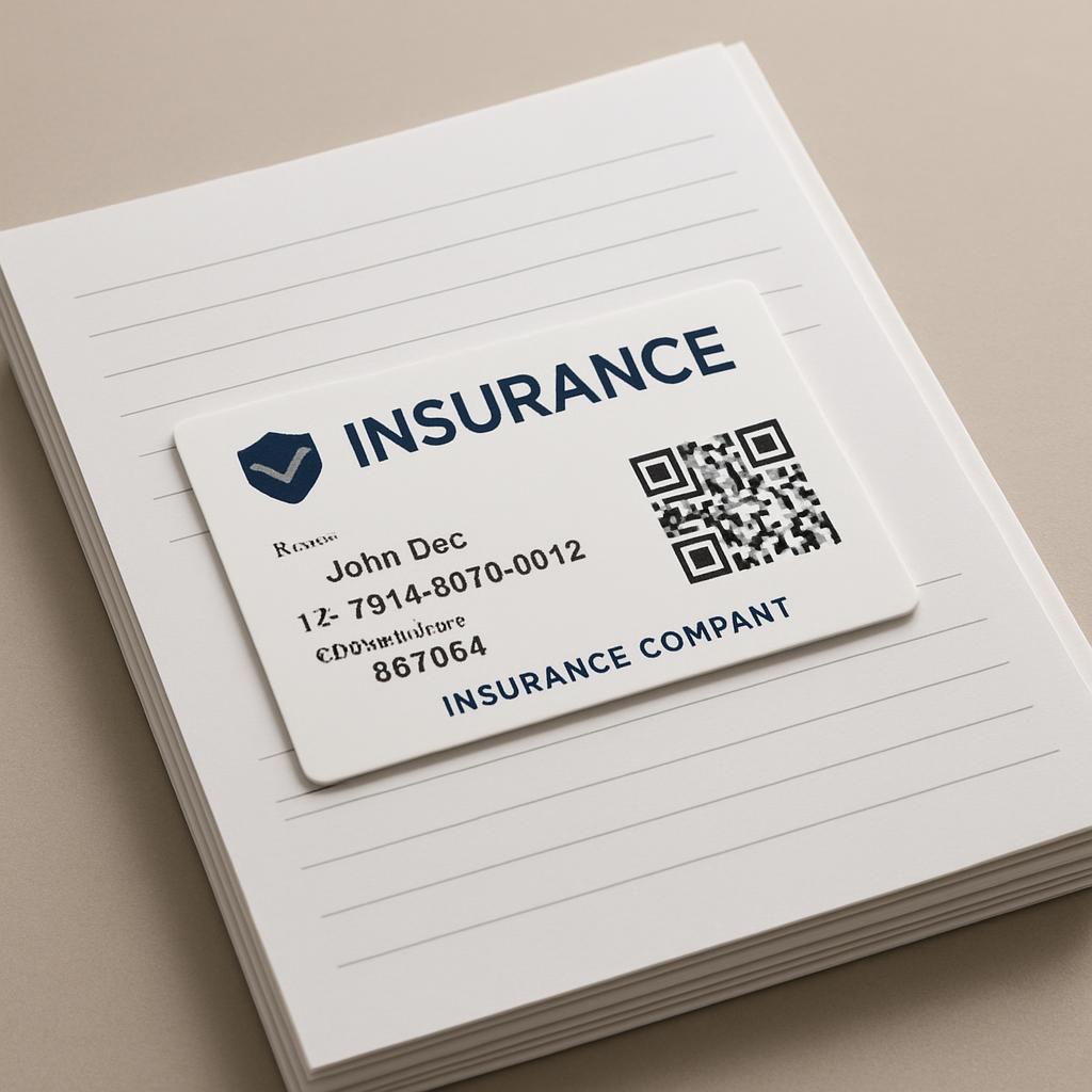 Insurance card with a QR code on a stack of paper for notes.