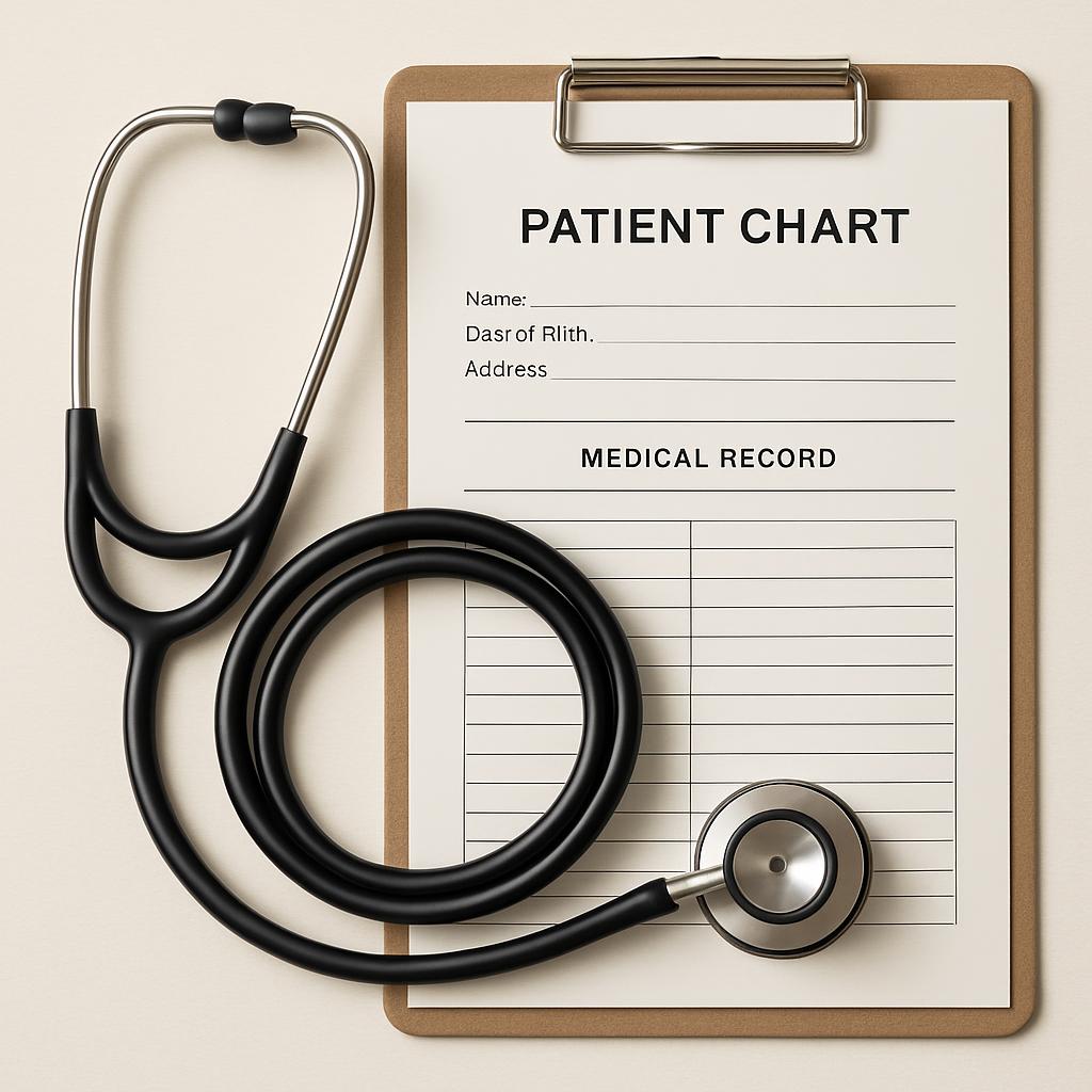 A clipboard containing a patient chart attached to a stethoscope.