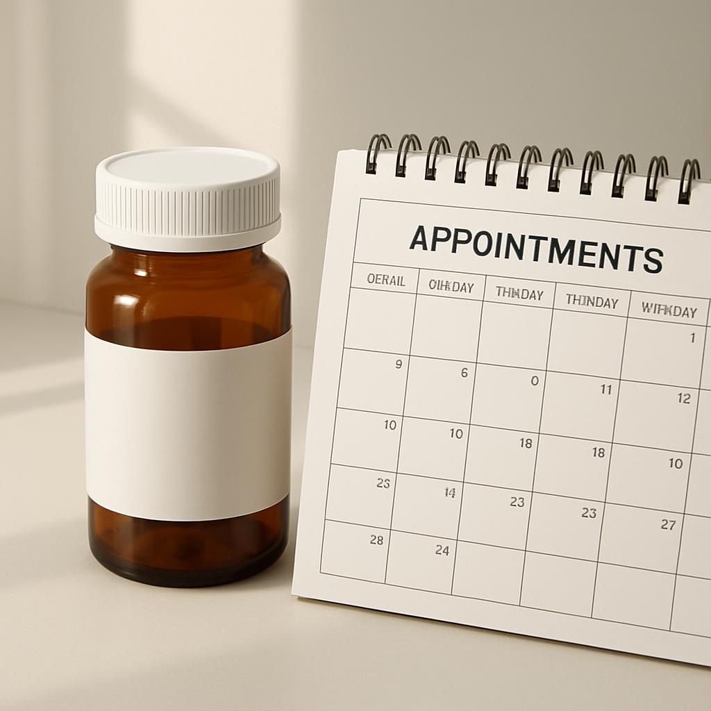A close-up photograph of a brown and white pill bottle with a label and an appointments calendar on a beige surface.